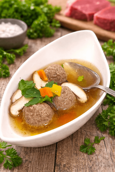 Wagyu Rinderbrühe mit Fleischklößchen, Shii Take Pilzen und Wurzelgemüse