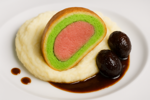 Rosa Rehrücken im Brotmantel,Selleriepüree, Balsamico-Zwetschgen und Reh-Jus mit Maronen